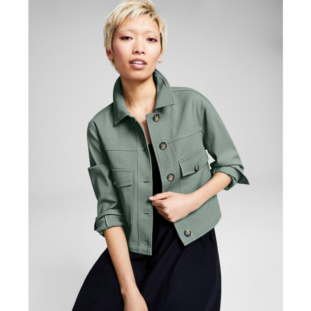 And Now This Women's Medium Green Long-Sleeve Cropped Shacket NWT